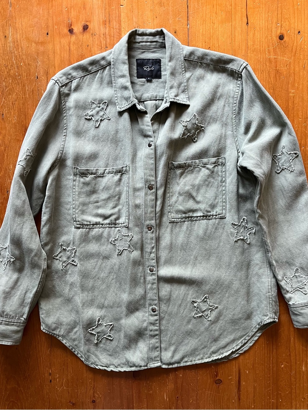 Rails Marcel Military-Inspired Utility Shirt Jacket Stars Linen-Blend Snaps Sage
